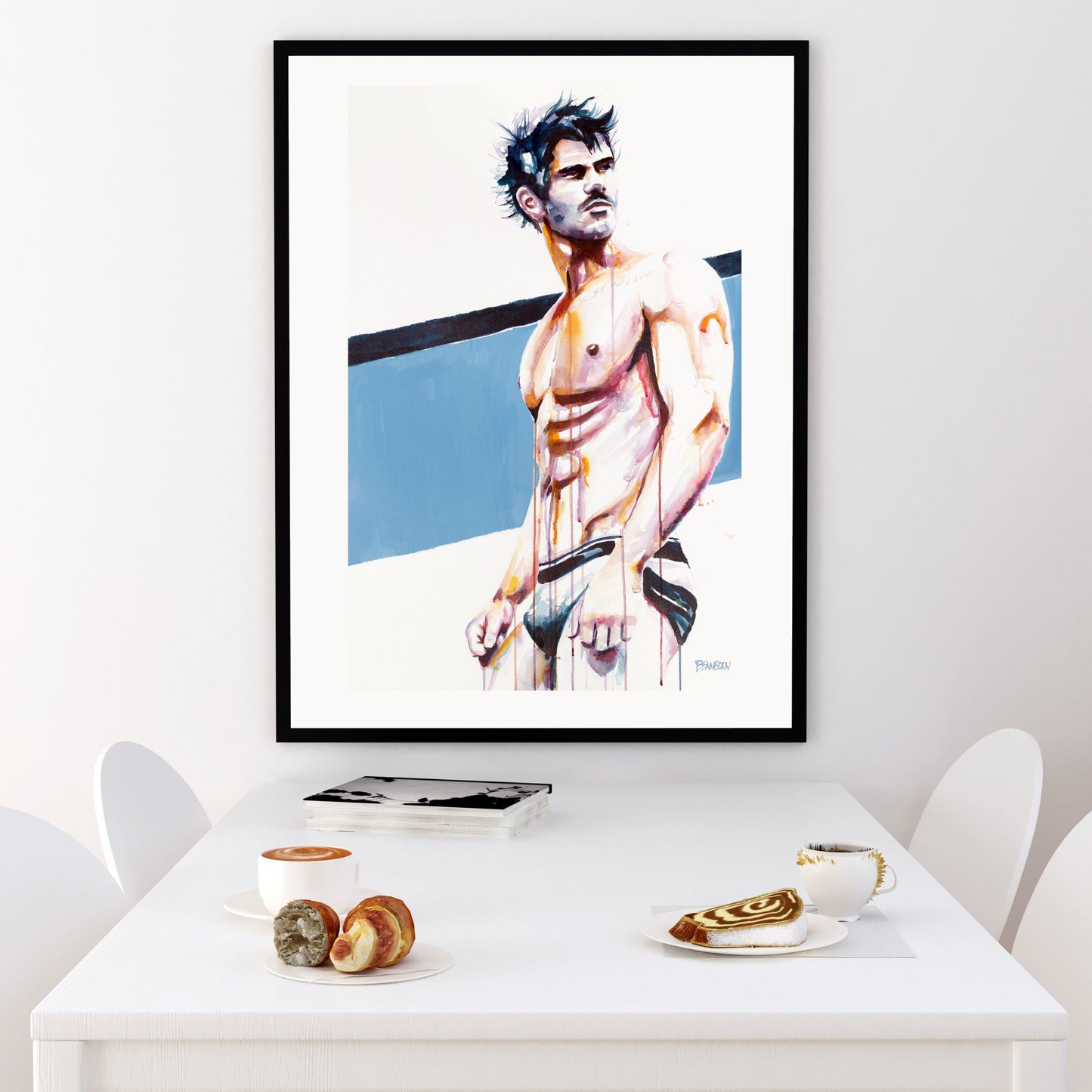 Original Male Nude Watercolor in Swimming Trunks by Brenden Sanborn
