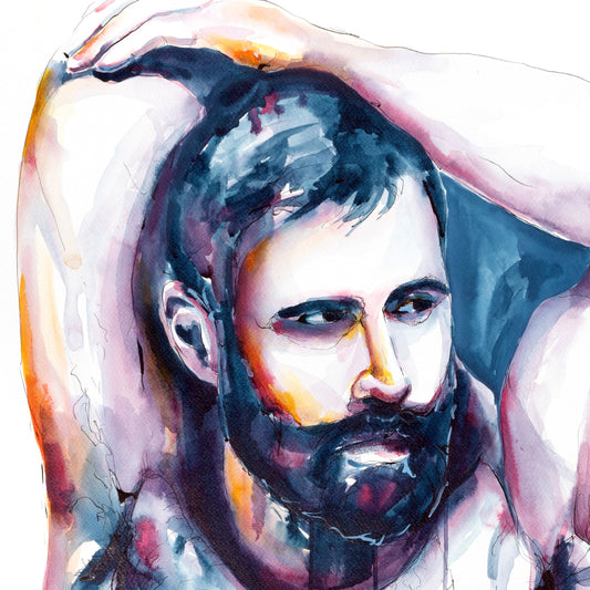 Hairy Chested Nude Male Art Painted in Watercolor Drip-style