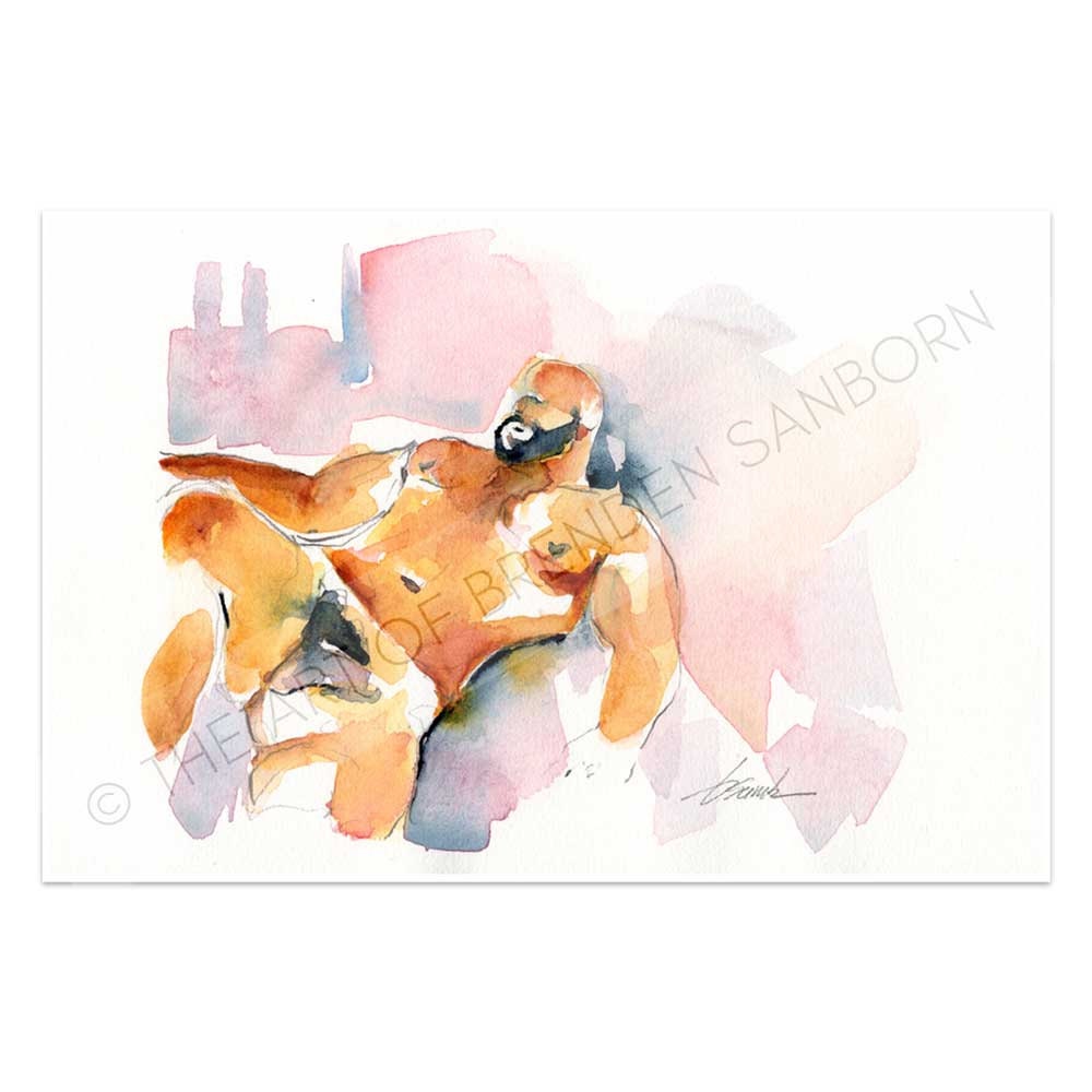 Handsome Furry Bear in Bed - Original Watercolor Painting