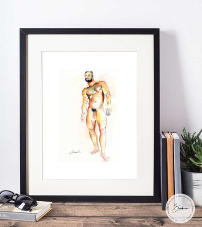 Hairy Chested Man Holding a Glass Full Nude - Original Watercolor Painting Artist Brenden Sanborn