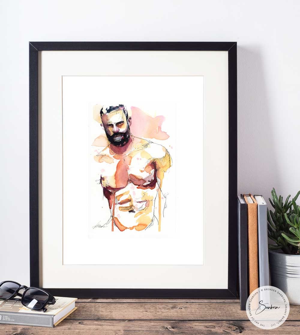 Tender Smile of a Bearded Hunk - Original Watercolor Painting