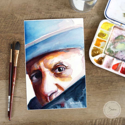 Pablo Picasso in Blue Hat - Original Watercolor Painting Artist Brenden Sanborn