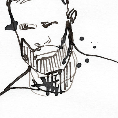 One Line Handsome Bearded Man - Original Ink on Paper