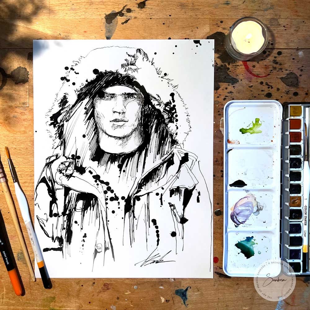 Man with Handsome Eyes in Winter Coat - Original Ink on Paper