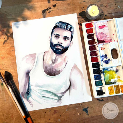 Watercolor Portrait of Handsome Bearded Man in White Tank Top