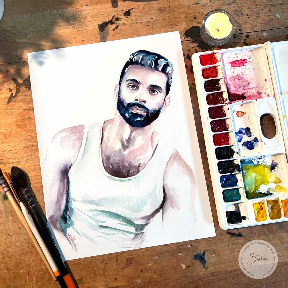 Watercolor Portrait of Handsome Bearded Man in White Tank Top