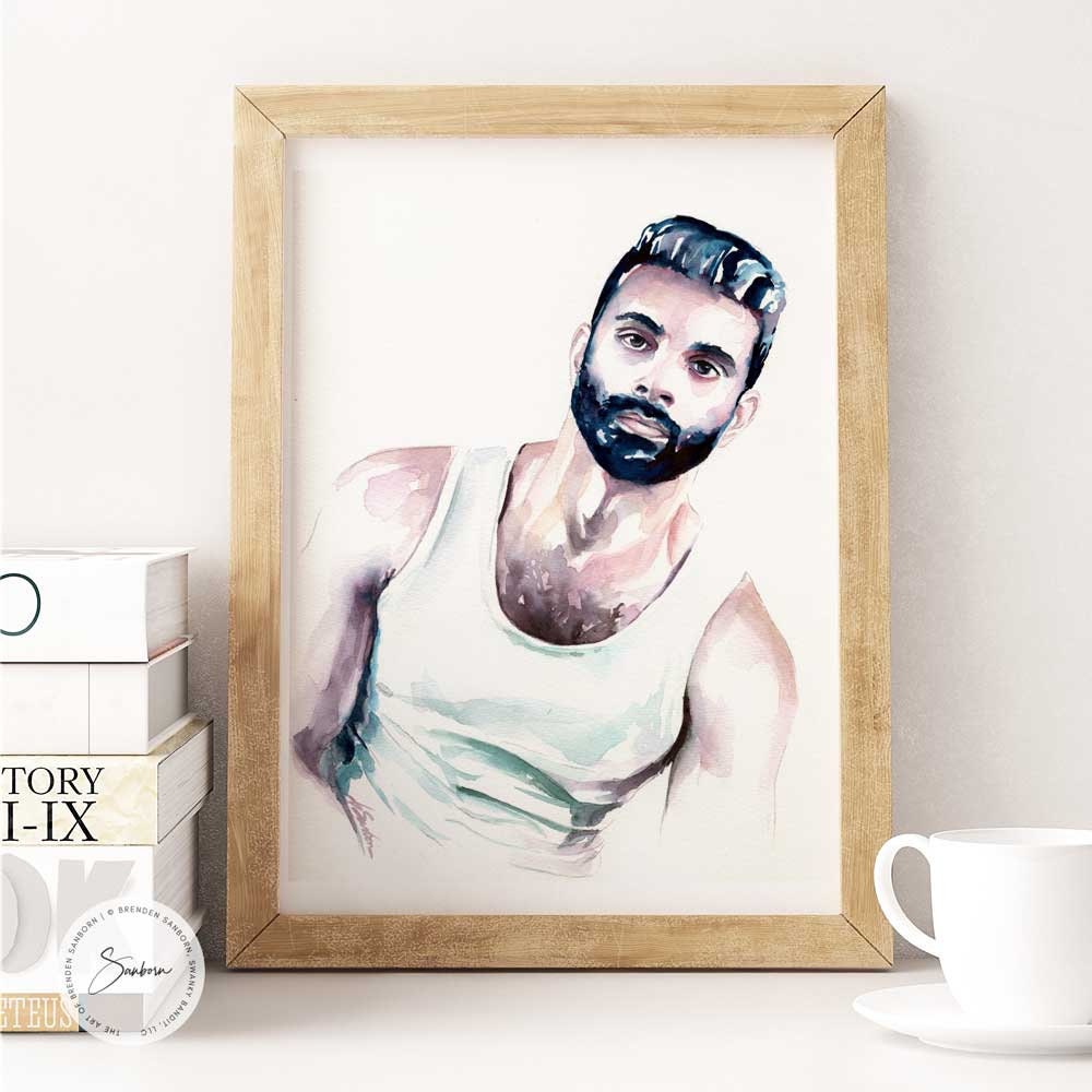 Watercolor Portrait of Handsome Bearded Man in White Tank Top