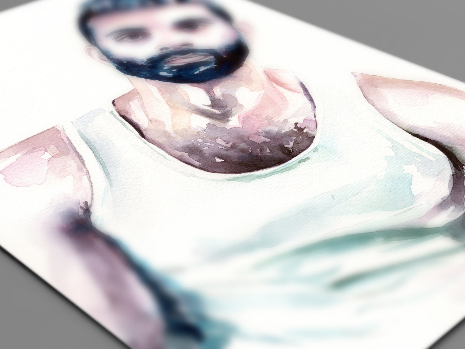 Watercolor Portrait of Handsome Bearded Man in White Tank Top