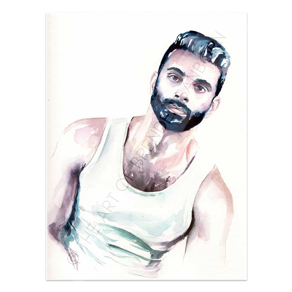 Watercolor Portrait of Handsome Bearded Man in White Tank Top