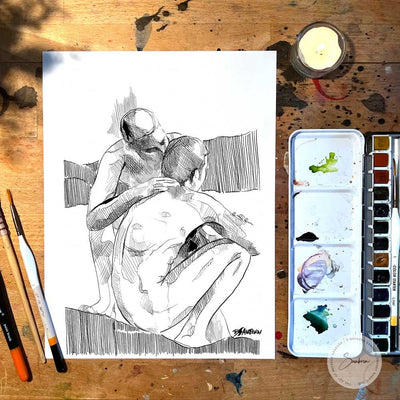 Whispering My love in His Ear - Original Ink on Paper Artist Brenden Sanborn