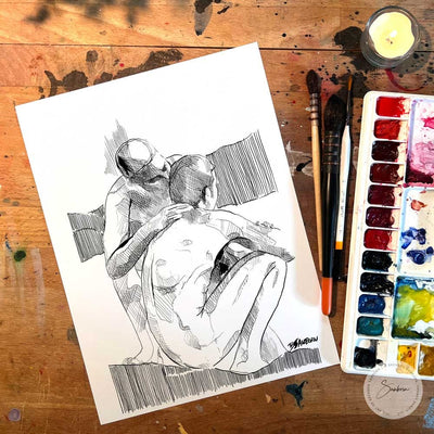 Whispering My love in His Ear - Original Ink on Paper Artist Brenden Sanborn