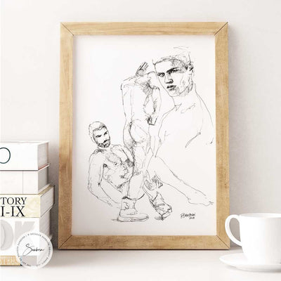 Three Nude Poses of the Handsome Man - Original Ink on Paper Artist Brenden Sanborn