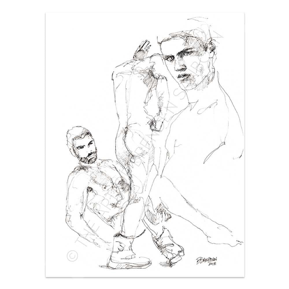 Three Nude Poses of the Handsome Man - Original Ink on Paper