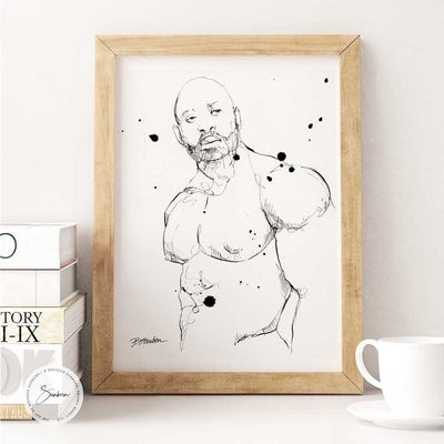 Handsome Bearded Muscle Guy - Original Ink on Paper Artist Brenden Sanborn