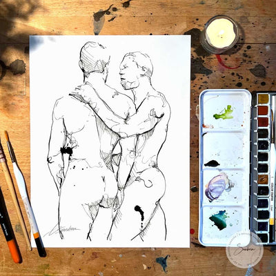Men At the Resort - Original Ink on Paper Artist Brenden Sanborn