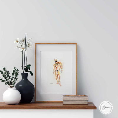 Hairy Chested Man Holding a Glass Full Nude - Original Watercolor Painting Artist Brenden Sanborn