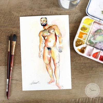 Hairy Chested Man Holding a Glass Full Nude - Original Watercolor Painting Artist Brenden Sanborn