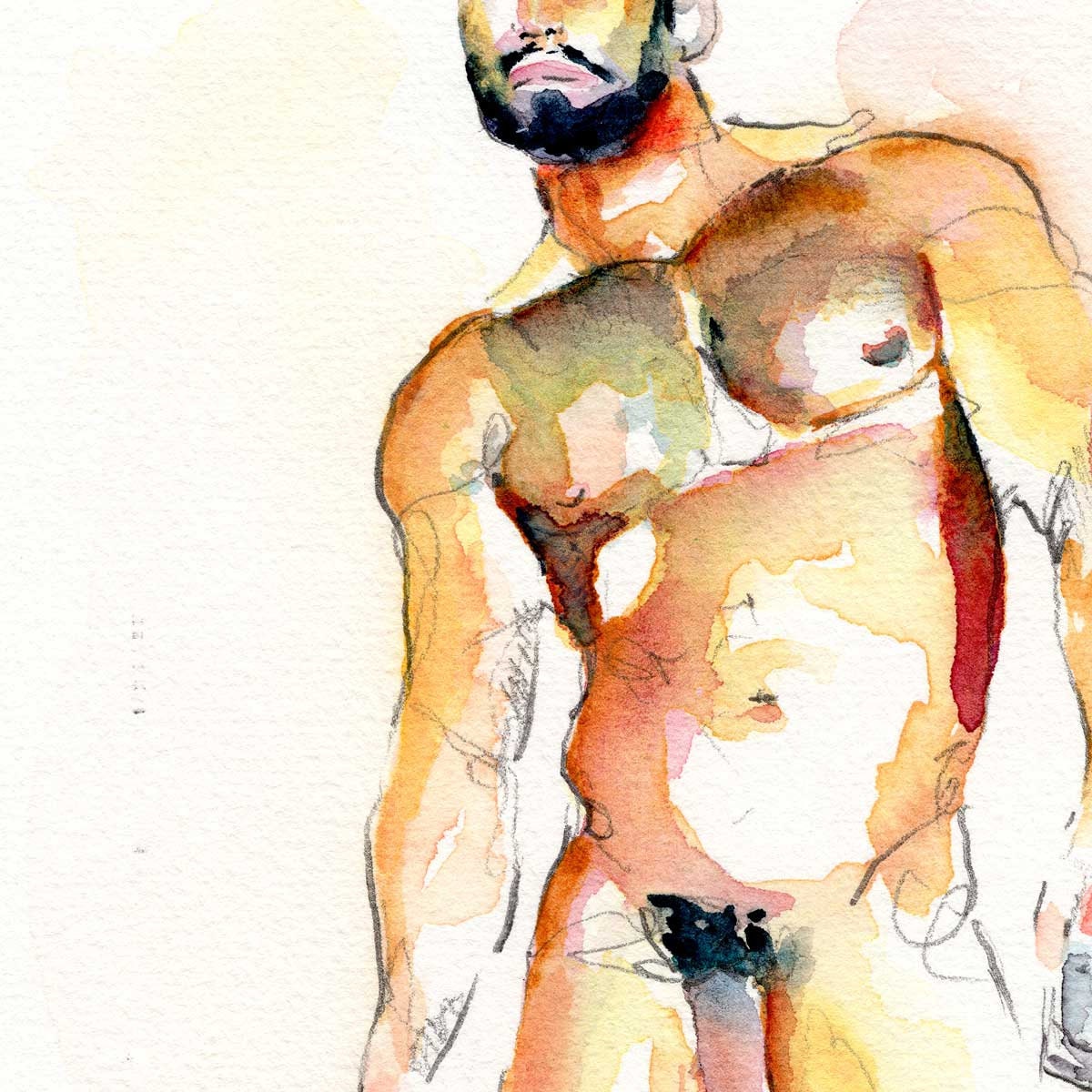 Hairy Chested Man Holding a Glass Full Nude - Original Watercolor Painting