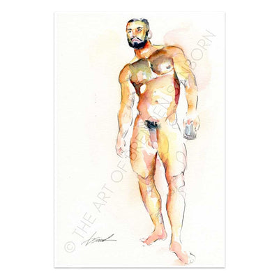 Hairy Chested Man Holding a Glass Full Nude - Original Watercolor Painting Artist Brenden Sanborn