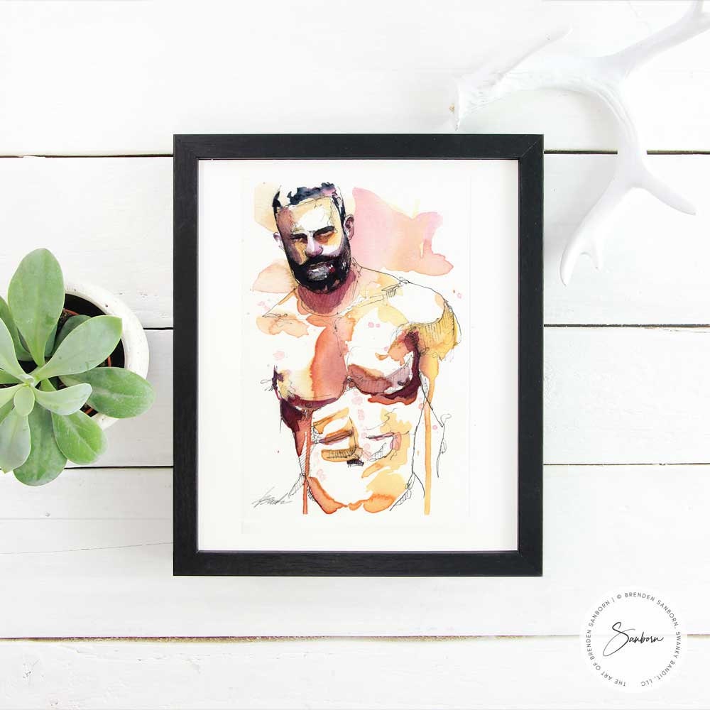 Tender Smile of a Bearded Hunk - Original Watercolor Painting