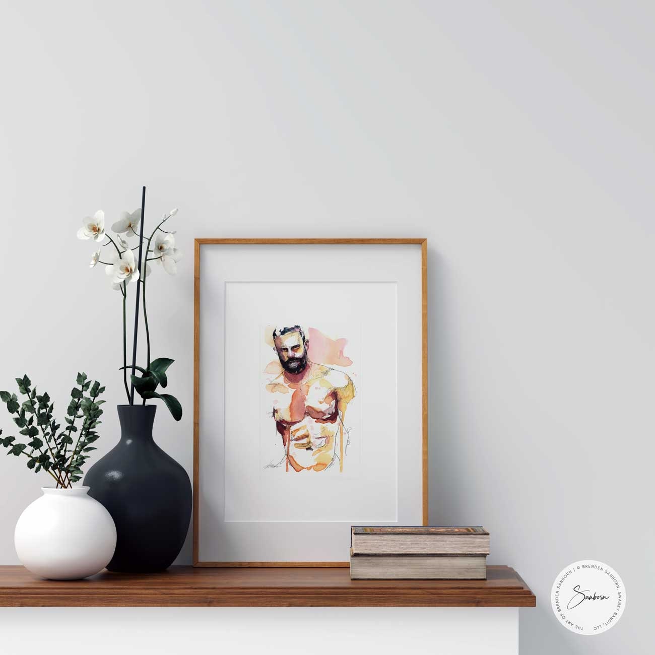 Tender Smile of a Bearded Hunk - Original Watercolor Painting