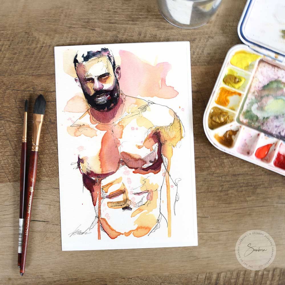 Tender Smile of a Bearded Hunk - Original Watercolor Painting