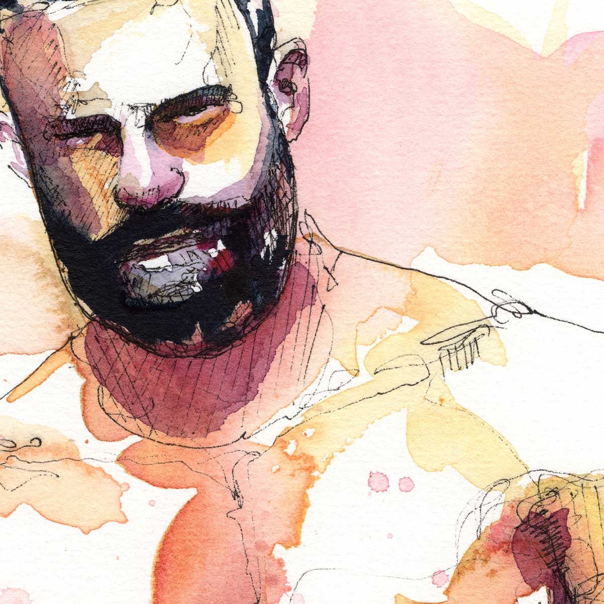 Tender Smile of a Bearded Hunk - Original Watercolor Painting