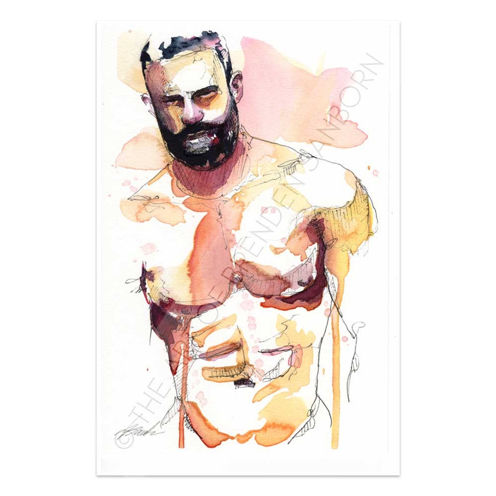 Tender Smile of a Bearded Hunk - Original Watercolor Painting