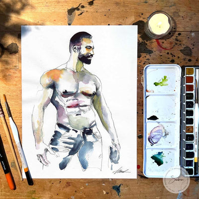 Blue Jeans and Beard - Original Watercolor Painting Artist Brenden Sanborn
