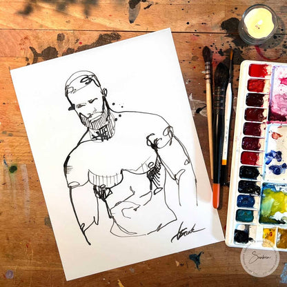 One Line Handsome Bearded Man - Original Ink on Paper