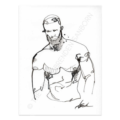 One Line Handsome Bearded Man - Original Ink on Paper Artist Brenden Sanborn