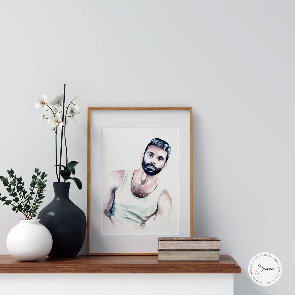 Watercolor Portrait of Handsome Bearded Man in White Tank Top