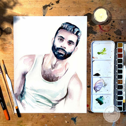Watercolor Portrait of Handsome Bearded Man in White Tank Top