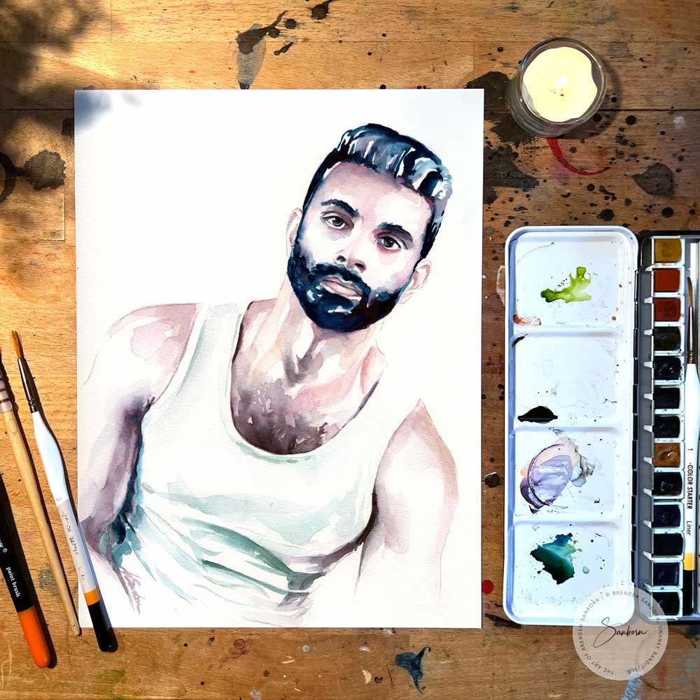 Watercolor Portrait of Handsome Bearded Man in White Tank Top