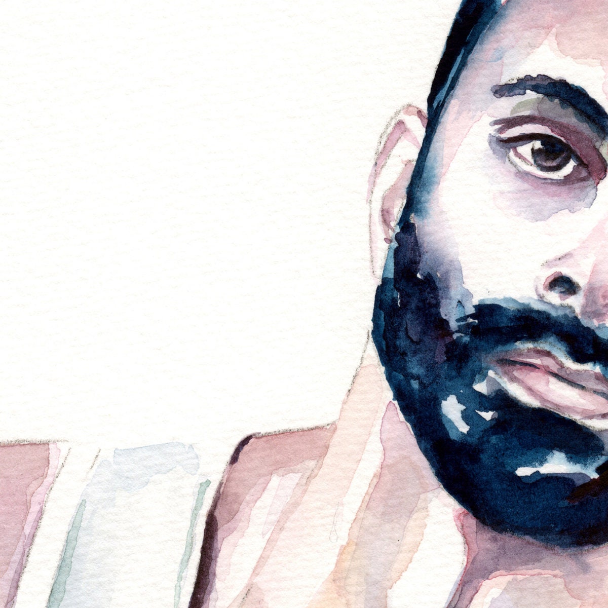 Watercolor Portrait of Handsome Bearded Man in White Tank Top