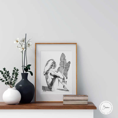 Sensual Nude Female with Tropical Leaves - Original Ink on Paper Artist Brenden Sanborn