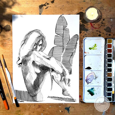 Sensual Nude Female with Tropical Leaves - Original Ink on Paper Artist Brenden Sanborn