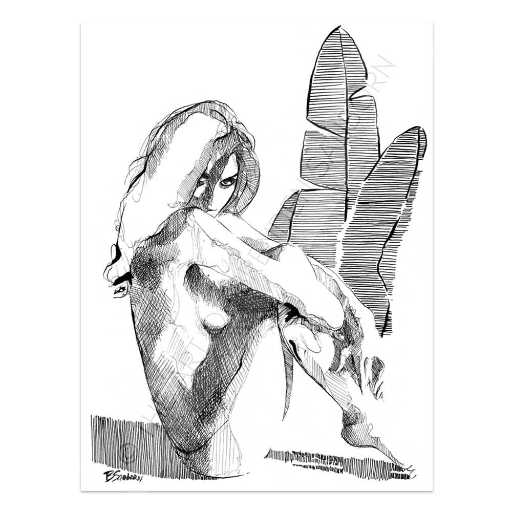 Sensual Nude Female with Tropical Leaves - Original Ink on Paper