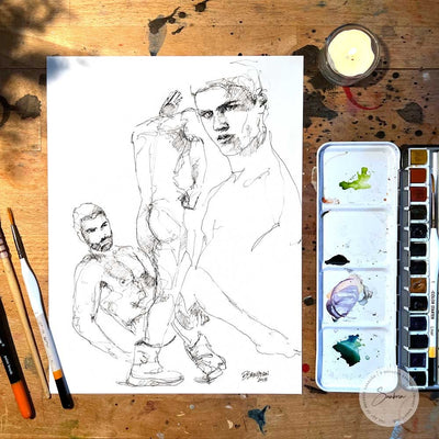 Three Nude Poses of the Handsome Man - Original Ink on Paper Artist Brenden Sanborn