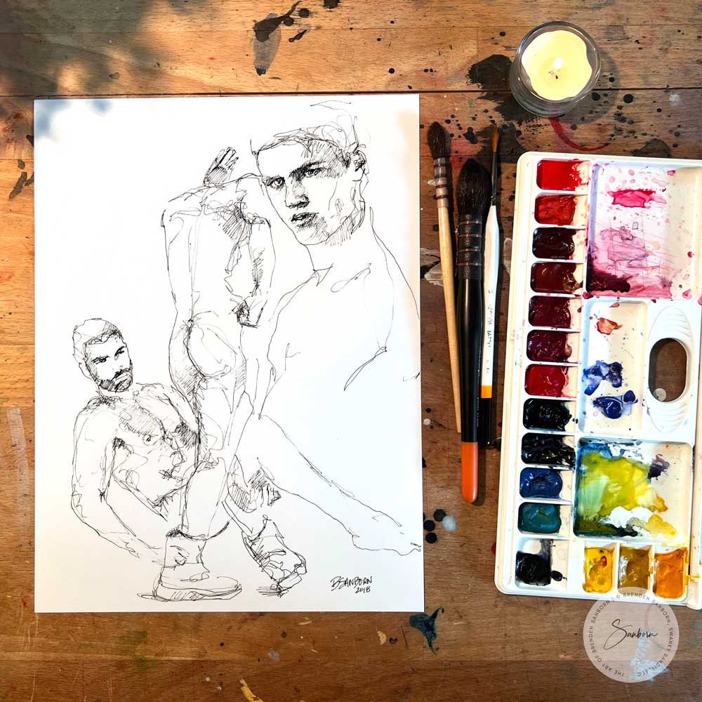 Three Nude Poses of the Handsome Man - Original Ink on Paper Artist Brenden Sanborn