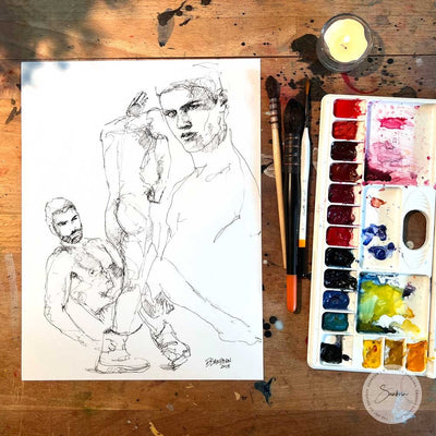 Three Nude Poses of the Handsome Man - Original Ink on Paper Artist Brenden Sanborn