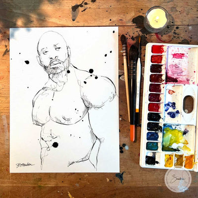 Handsome Bearded Muscle Guy - Original Ink on Paper Artist Brenden Sanborn