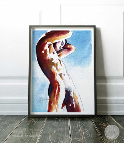 Full Body Nude Gay Male Watercolor Art Print | Phallic Art Print | Homoerotic Art | Erotic Art Print | Male Figure Art | South Beach Art