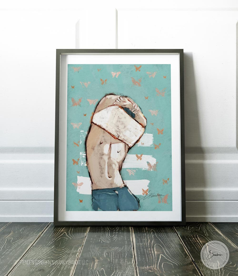 Off Goes the Shirt - queer art lgbt painting / nude male figure / colorful watercolor / home decor wall art / gay art / Brenden Sanborn