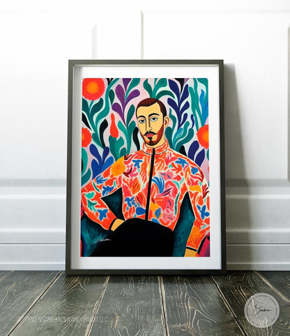 Floral Gay Man Portrait Art Print, Vibrant Queer Illustration, LGBTQ Pride Wall Art, Colorful Masculine Decor, Modern Homoerotic Canvas