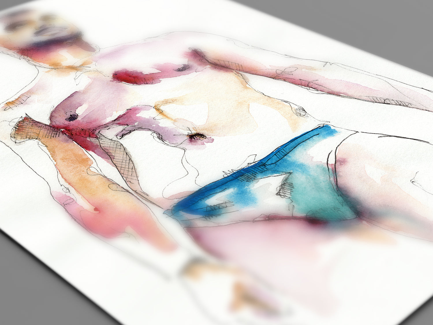 Slim Male Figure Looking to the Right in His Speedo - Original Watercolor Painting