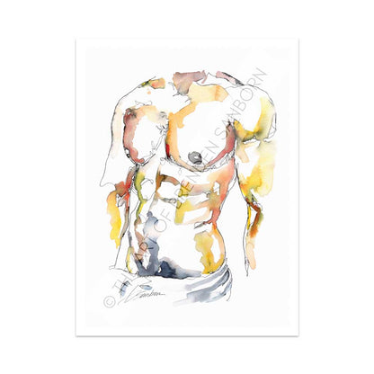 Muscular Male Chest Lowering His Pants - Ink and Watercolor - Giclee Art Print