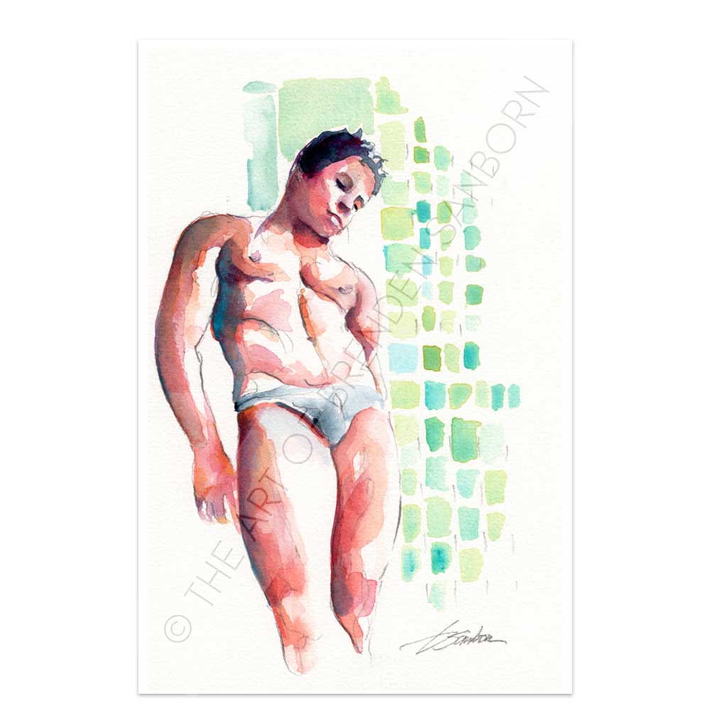 Male Swimmer Leaning in a Speedo - Original Watercolor Painting