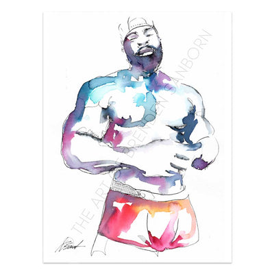 Handsome Bearded man in his Underwear - Original Watercolor Painting Artist Brenden Sanborn