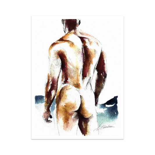Confident Shyness: Male Nude with Firm Buttocks and Muscular Back - Giclee Art Print